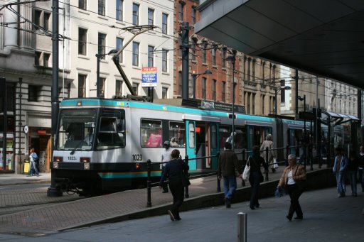 Metrolink tram 1023 at Mosley Street stop